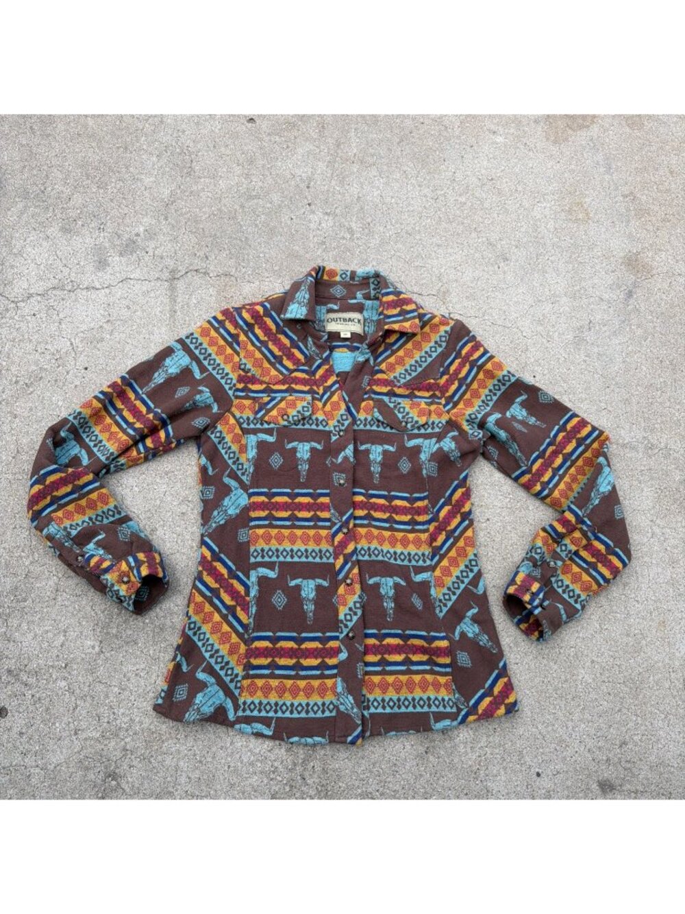 Outback Trading Aztec Bull Skull Western Snap Shirt Jacket Small
